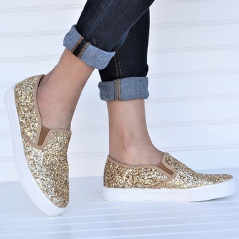 Gold Glitter Shoes Slip ons Like Vans